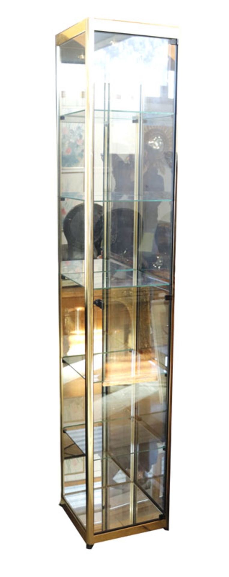 Glas-Vitrinenschrank mit Metallrahmen, beleuchtbar, Korpus mit einer Tür, H 203 cm, B 38 cm, T 38