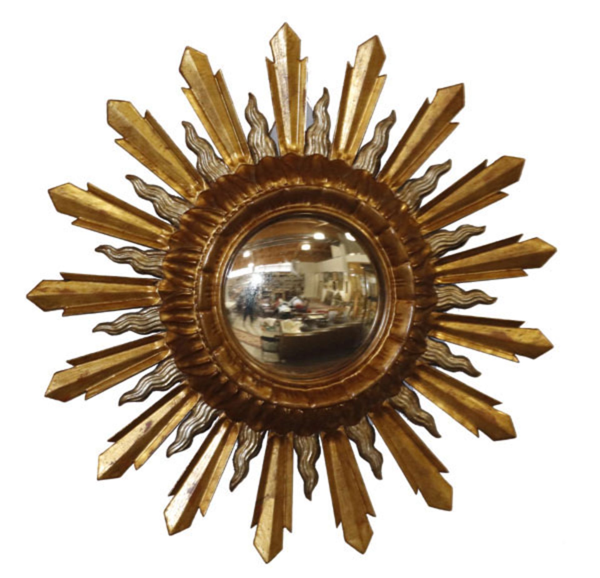 Holz Strahlenkranz, gold gefaßt mit gewölbtem Spiegel, D 70 cm, teils bestossen