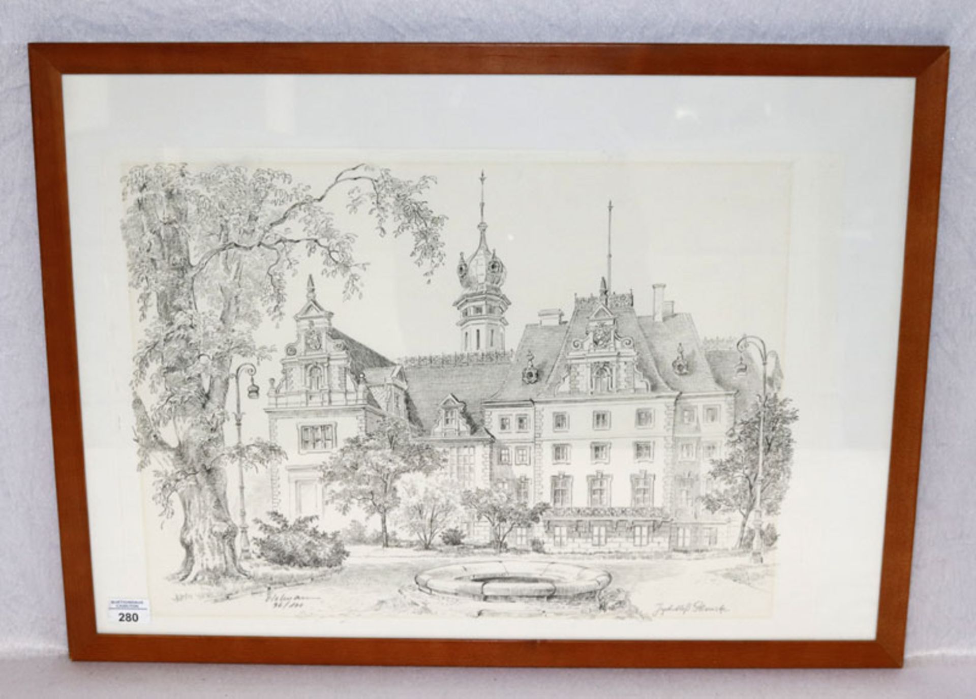 Lithografie 'Jagdschloß Glienicke', Nr. 96/100, unter Glas gerahmt, Rahmen bestossen, incl. Rahmen