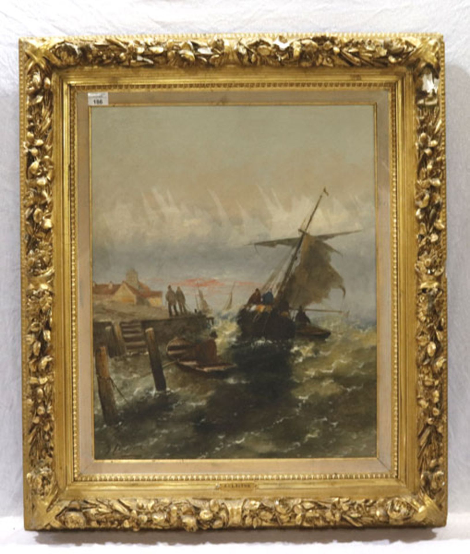 Gemälde ÖL/LW 'Boote auf stürmischer See an Küste', signiert J. Claiton (Pseudonym für Georg
