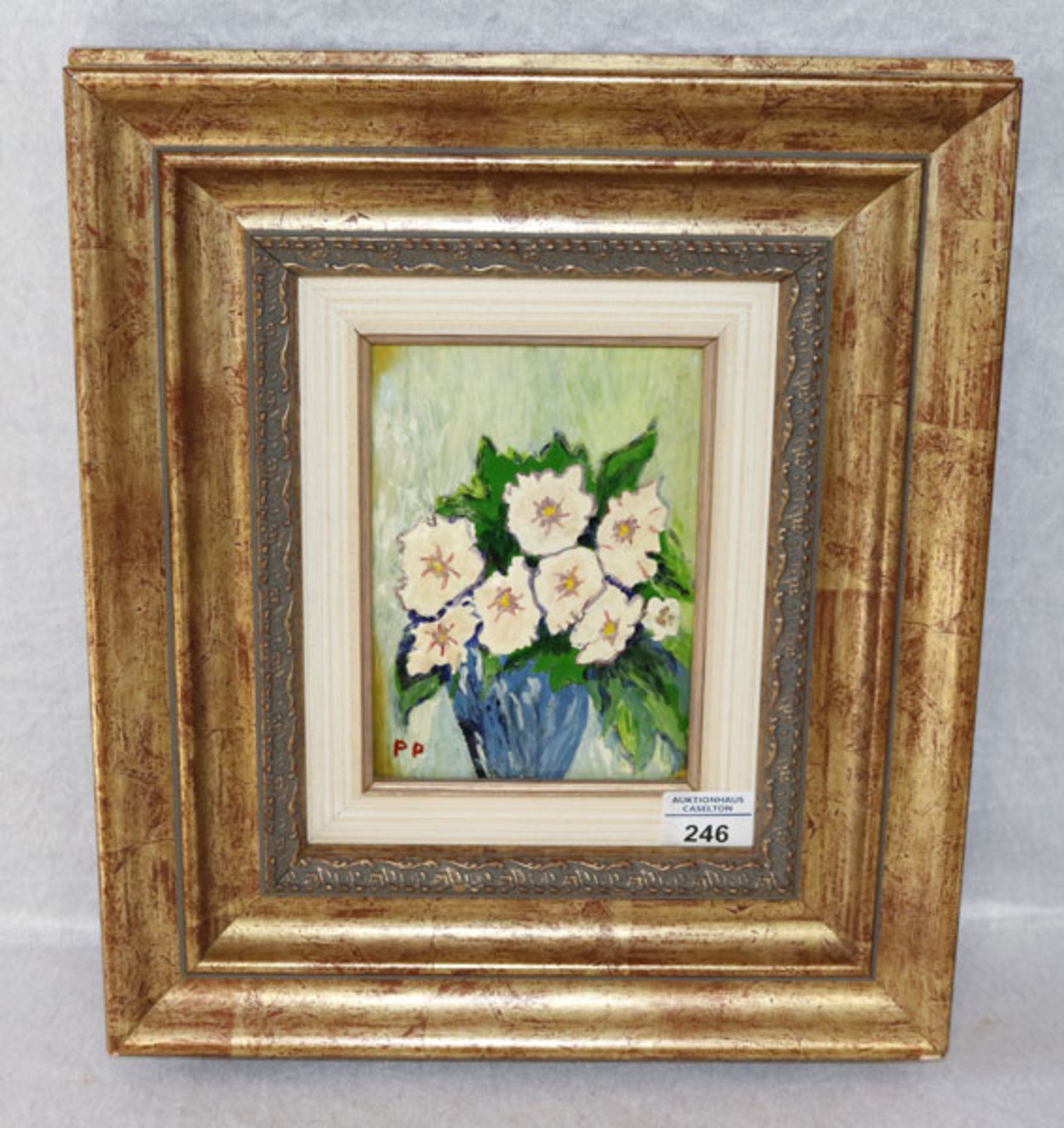 Emailbild 'Blumen in Vase', monogrammiert PP, gerahmt, Rahmen bestossen, incl. Rahmen 39 cm x 34 cm