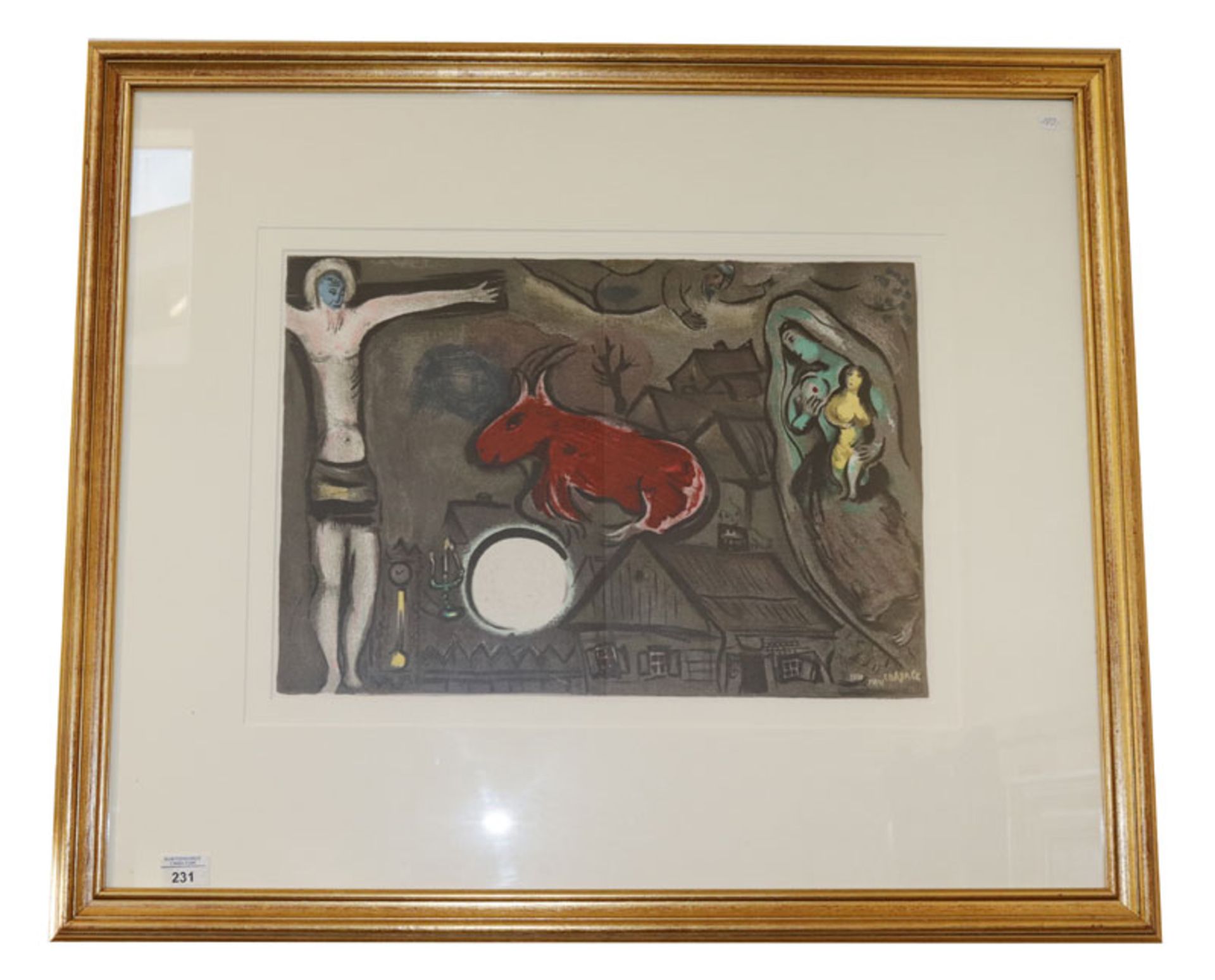 Druck 'Maria mit Kind und Jesus am Kreuz', nach Marc Chagall, mit Passepartout unter Glas gerahmt,