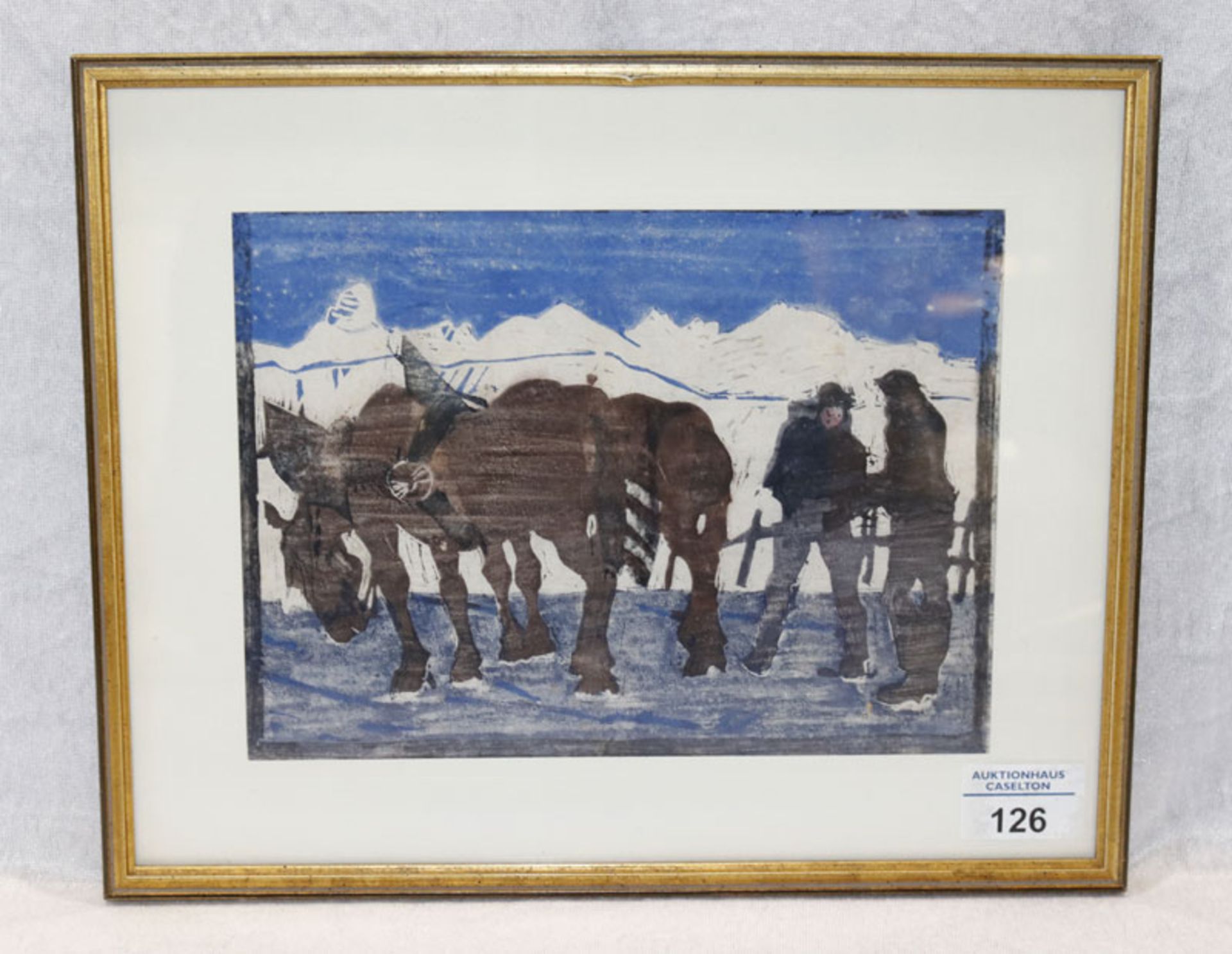 Holzschnitt 'Bauern mit Pferden', mit Passepartout unter Glas gerahmt, incl. Rahmen 25 cm x 31 cm