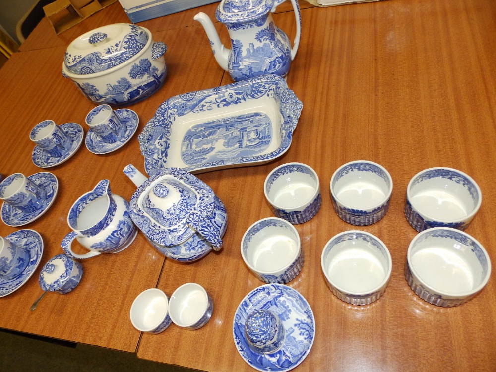 A Copeland Spode blue & white Italian pattern teapot, coffee pot and other pieces of table ware.