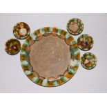 A Chinese six piece Tang Dynasty sancai glazed pottery supper set, comprising an 8.5” diameter