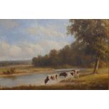 Henry Harold Vickers (Canadian 1851-1918) – oil on panel – Cattle watering, signed, 5.5” x 8”