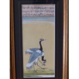 A 19thC Persian watercolour with bodycolour – Two cranes with extensive inscription above, 8” x 3.5”