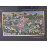 A 19thC Persian watercolour with bodycolour – A hunting scene with numerous figures and animals in