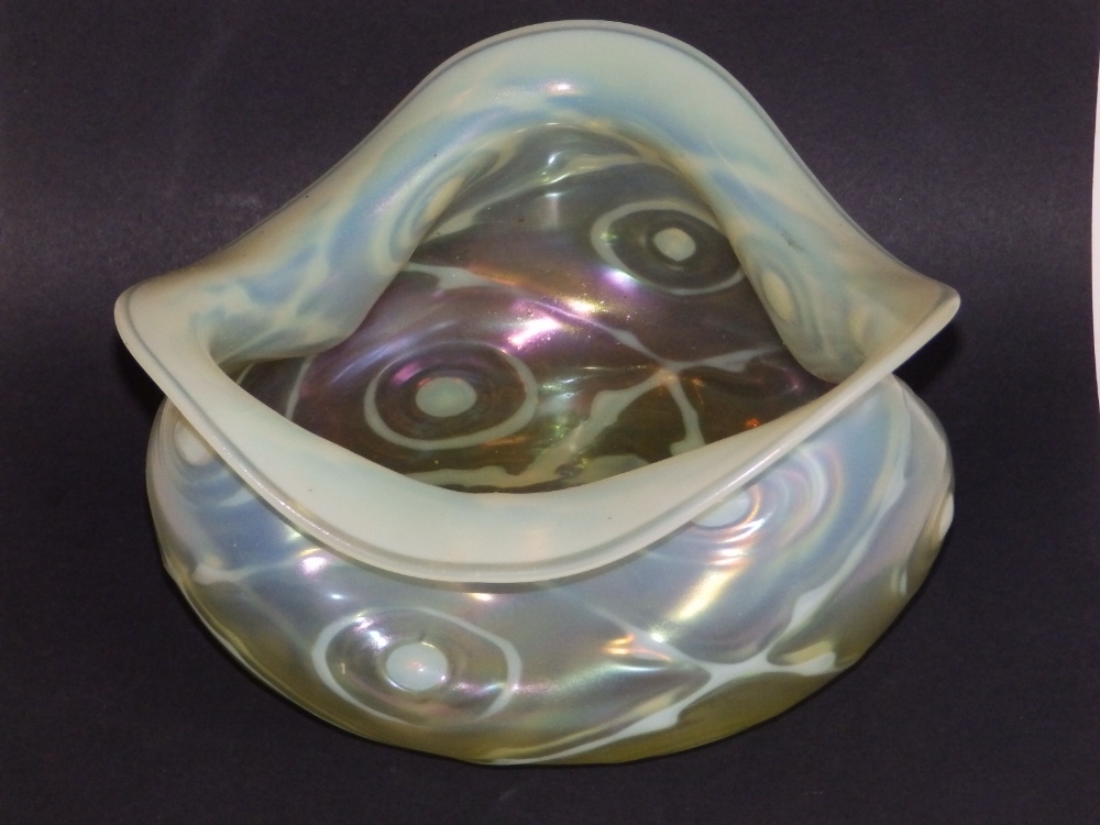 An art nouveau yellow opaline triform glass bowl, probably by the Whitefriars glassmaker James