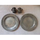 A pair of London pewter plates, 9.5” and two half gill measures. (4)