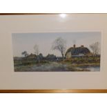 S. Hart – watercolour – Country Lane with cottages, signed, 6” x 13”.