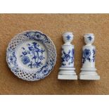 A small pair of Meissen blue & white porcelain candlesticks, 5.5” - one chipped. A small plate