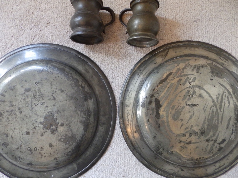 A pair of London pewter plates, 9.5” and two half gill measures. (4) - Image 2 of 2