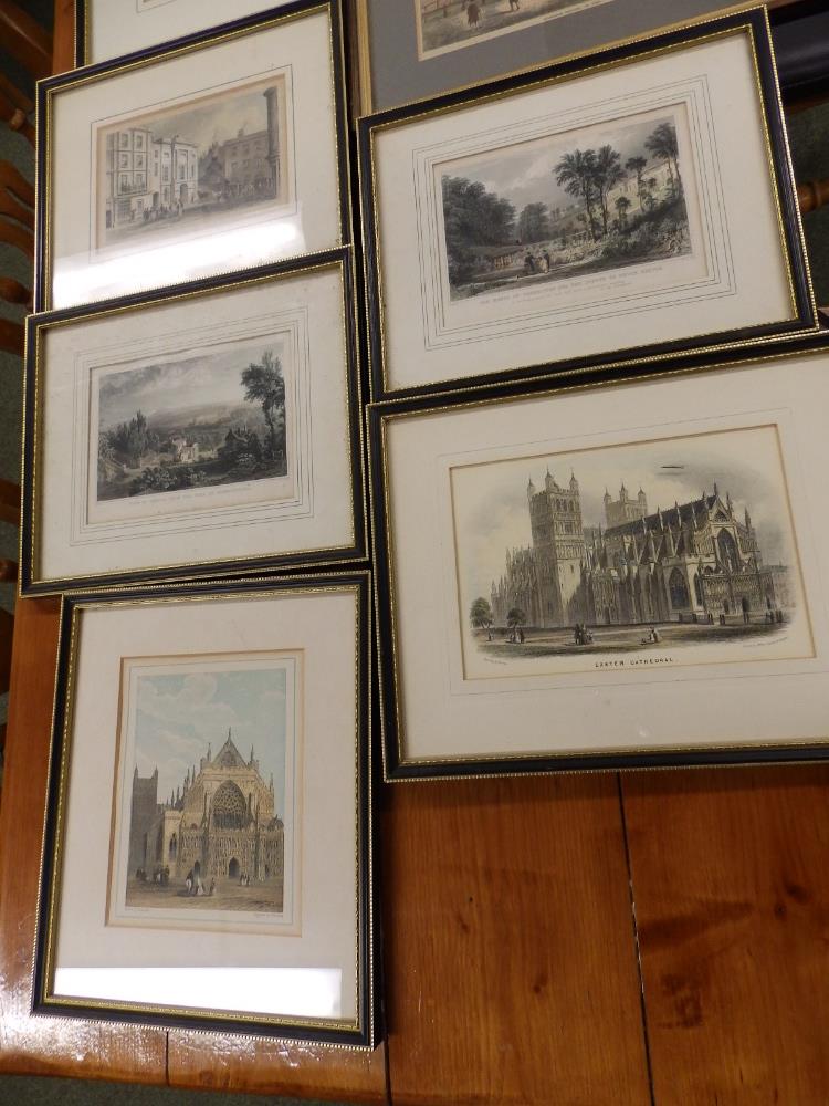 Six antiquarian colour prints depicting views of Exeter together with two views of London. (8)