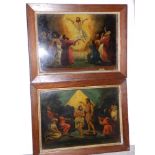 A pair of Victorian relgious prints on glass - 'The Ascension' & 'St John Baptising Christ', 9.5"