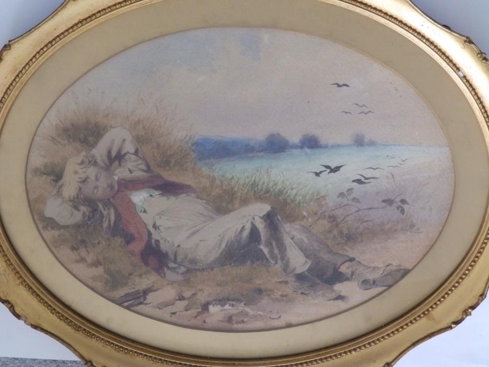 Victorian School - oval watercolour - Boy napping at the water's edge, 13" across.