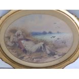 Victorian School - oval watercolour - Boy napping at the water's edge, 13" across.