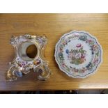 A 19thC Hicks & Meigh floral decorated plate together with a floral painted porcelain clock case -