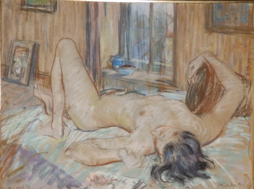 In the Impressionist manner - an old pastel drawing - Nude reclining in an interior, beneath a