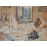 In the Impressionist manner - an old pastel drawing - Nude reclining in an interior, beneath a