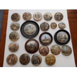 22 Victorian Staffordshire colour printed pot lids - restored/damaged.