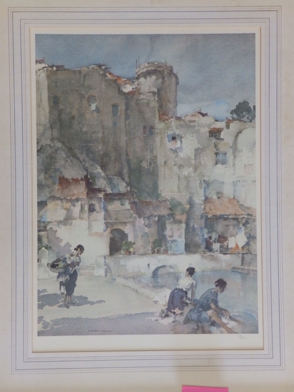 A signed Russell Flint colour print - Peasant girls in a Mediterranean town - 109/850, 19.5" x 14".