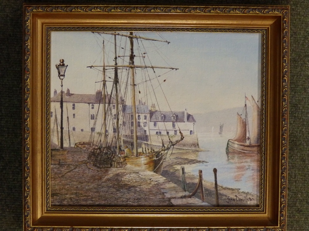 John Donaldson - a modern oil on canvas - Lower Ferry, Dartmouth with sailing vessels, signed, 9"