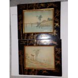 19thC Japanese School - a pair of watercolours - Distant figures by water with a bridge & shrine