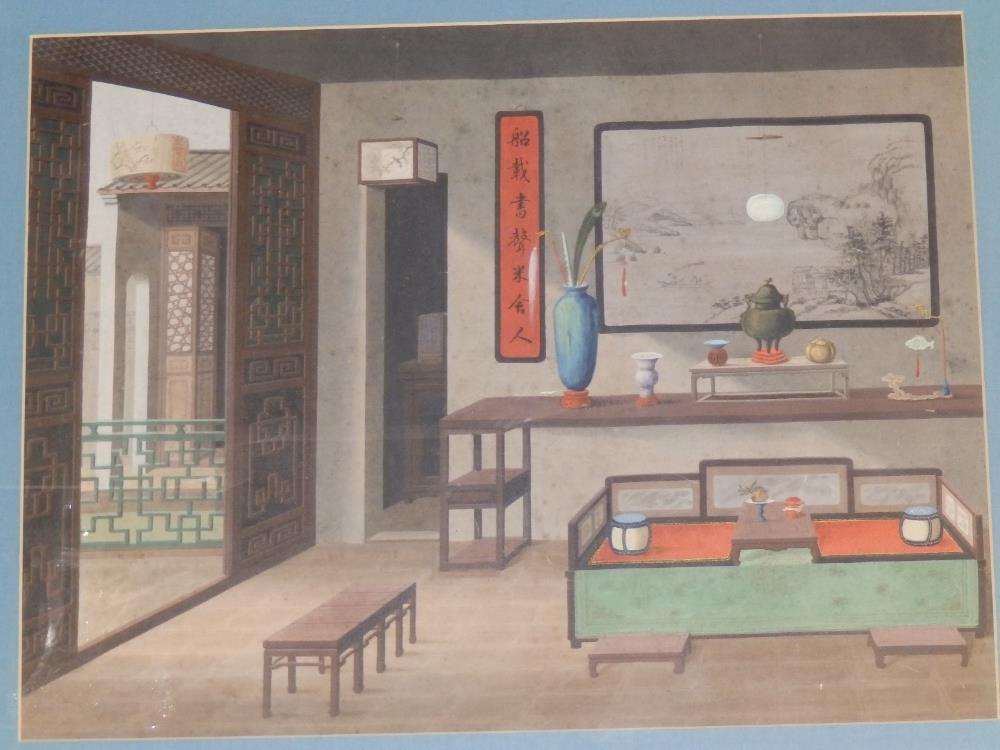 19thC School - watercolour with bodycolour - Chinese interior, 15" x 19".