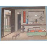 19thC School - watercolour with bodycolour - Chinese interior, 15" x 19".