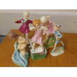 Two Royal Worcester Doughty figures of children - 'March' & 'August' and three others. (5)