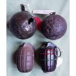 Four British grenades; No.28 Mk1, No.15, a practice grenade and a No.5 - 1915. (4)