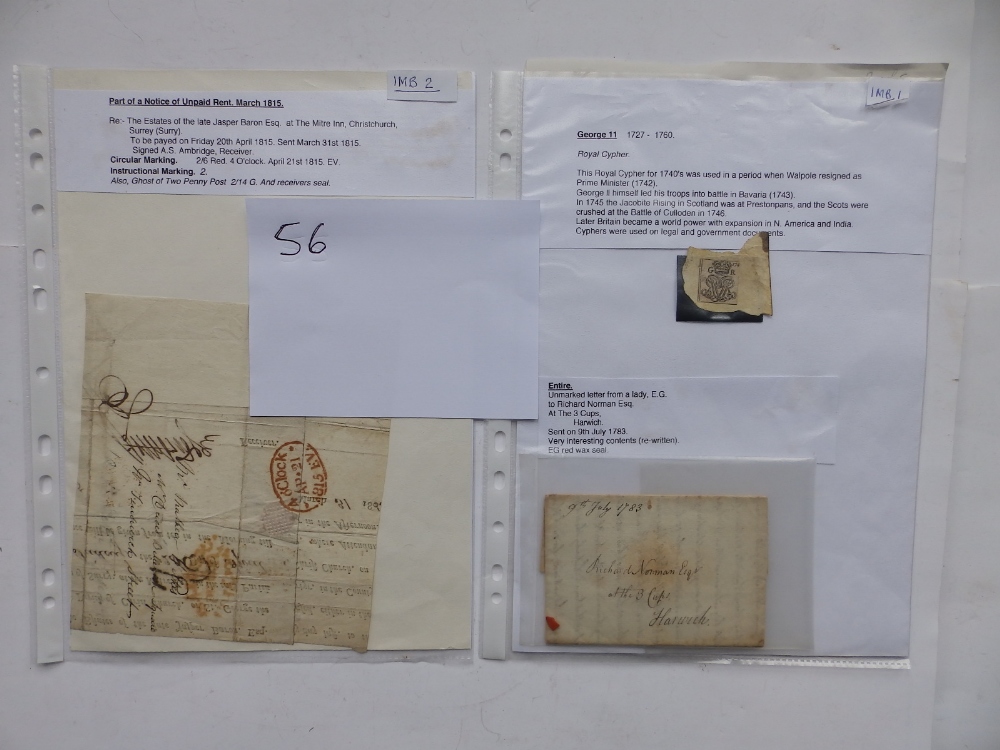 Three pre-adhesive GB stamp items from the 18thC and later, a pre-stamp letter front and four