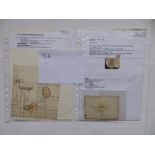 Three pre-adhesive GB stamp items from the 18thC and later, a pre-stamp letter front and four