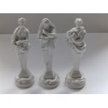 Three 19thC Niderviller white glazed classical statues, impressed marks, 7" high.