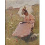 G. Hall Neale - oil on panel - 'A Summer Day', lady seated reading beneath a parasol in a field of