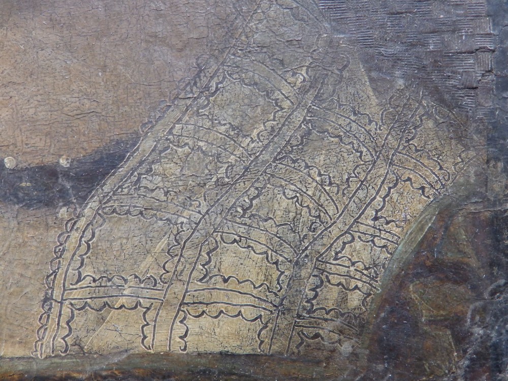 An antique oil laid on panel - Portrait of an Elizabethan lady with jewels in her red hair, tooled - Image 3 of 8