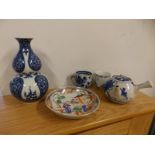 An Oriental blue & white double gourd vase, 7" high, a Chinese porcelain saucer, two cups and a