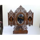 A 19thC Tyrolean fretwork & marquetry folding dressing table mirror, 15" high.