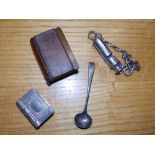 An ARP whistle, a book-form vesta/stamp holder, a wooden book-form snuff box and a silver salt