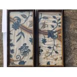 A pair of antique crewel work panels - 19" x 8" - a/f. (2)