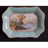 An early 19thC Wedgwood rectangular dish painted with a view of Loch Lomond from below Tarbet.