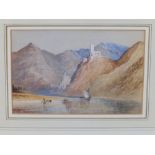 Henry Bright - watercolour - Swiss lake scene, unsigned, old label to verso, 5.5" x 8".