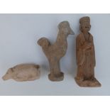 Three ancient Chinese pottery tomb figures, the largest a standing male, 7" high.