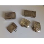 A plain white metal snuff box - 'MK' (?) , 2" across, an early 19thC English snuff box and three