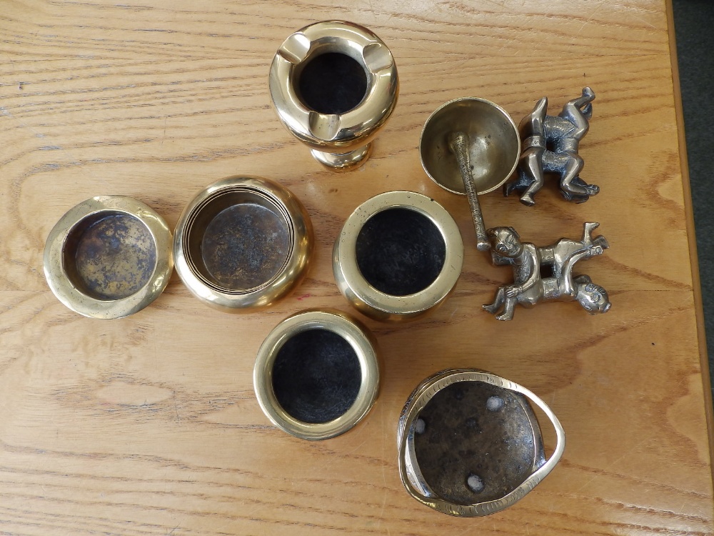 Three small Chinese brass censers and six other pieces. (9)