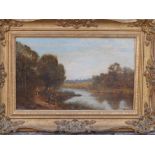 J. Horlor - oil on canvas - River scene with figures and a distant view of a spire - possibly