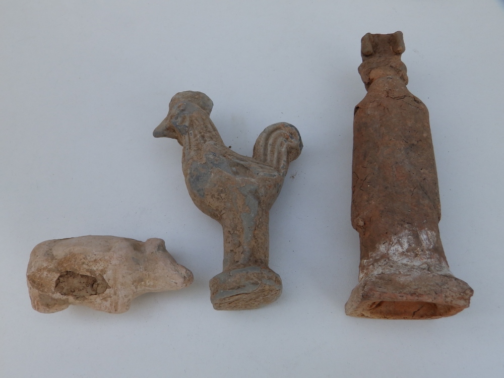 Three ancient Chinese pottery tomb figures, the largest a standing male, 7" high. - Image 2 of 2