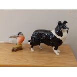 A Beswick black & white collie and a Crown Staffordshire bird. (2)
