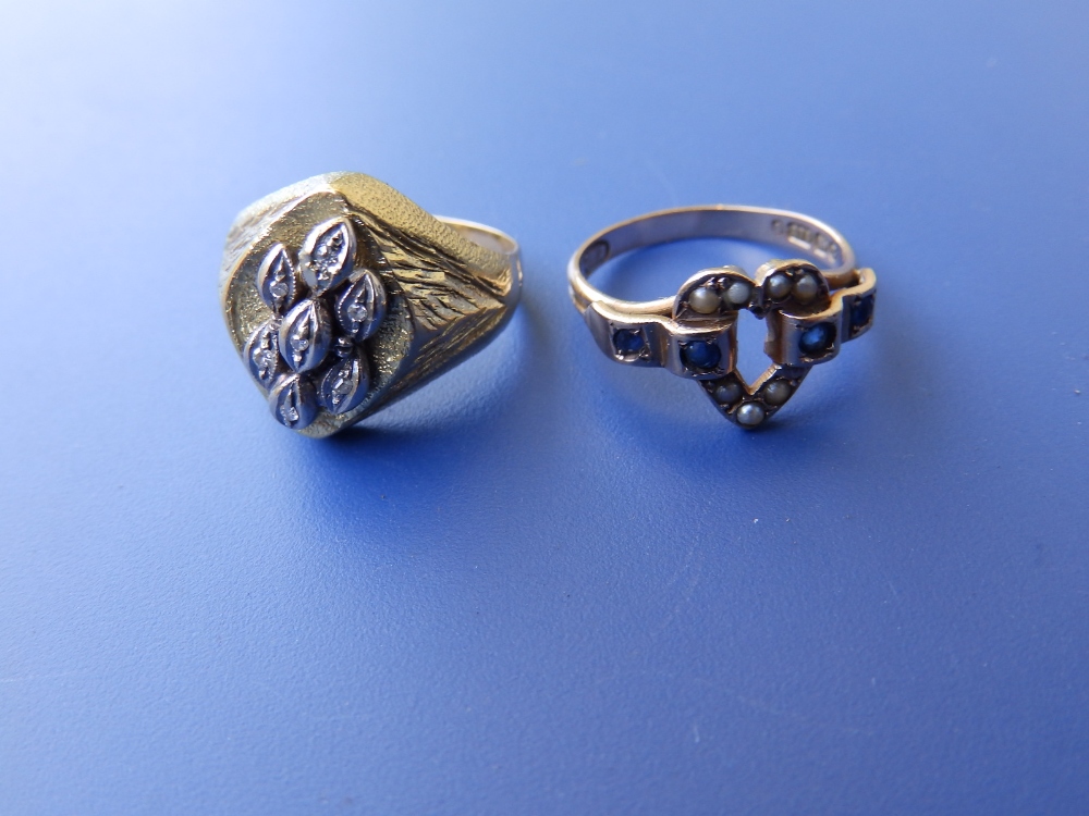 A Victorian 9ct ring set small sapphire & pearls and one other. (2)